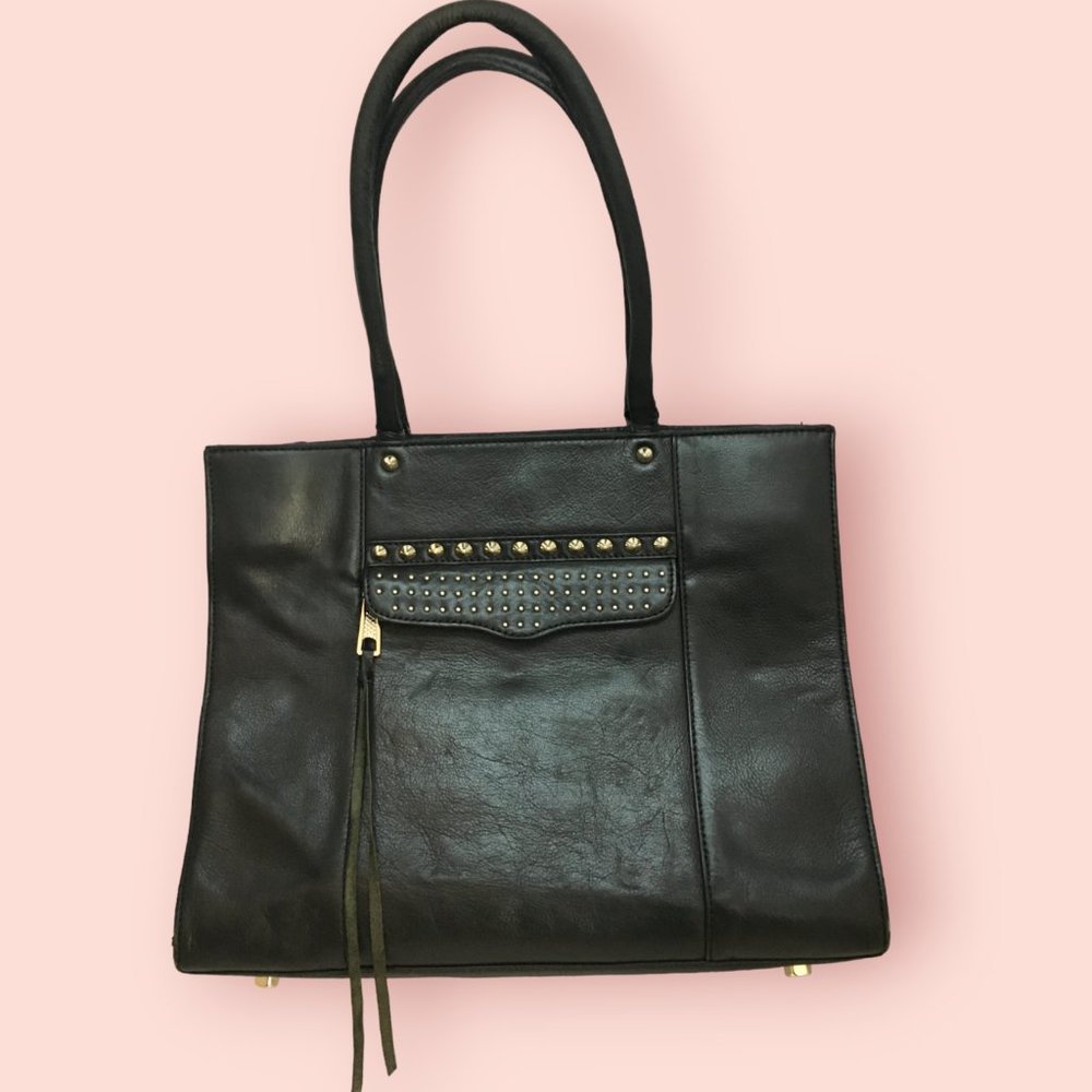 Rebecca Minkoff Black Leather Morning After Tote w/ studded front zip pocket